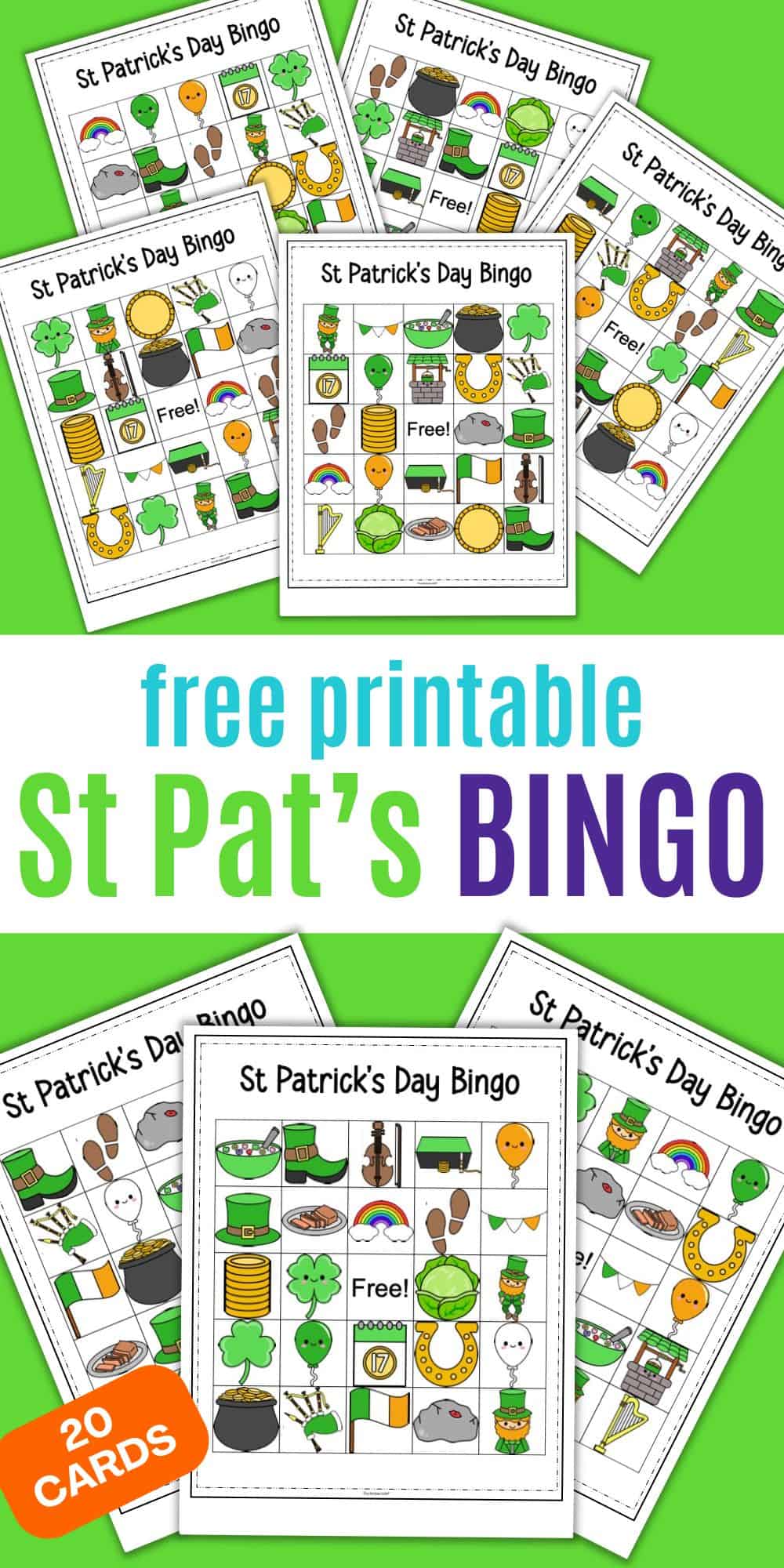 A colorful printable featuring a grid of St. Patrick's Day bingo cards designed for kids, showcasing various themed images and labeled as "free printable St. Patrick's Day bingo for kids."
