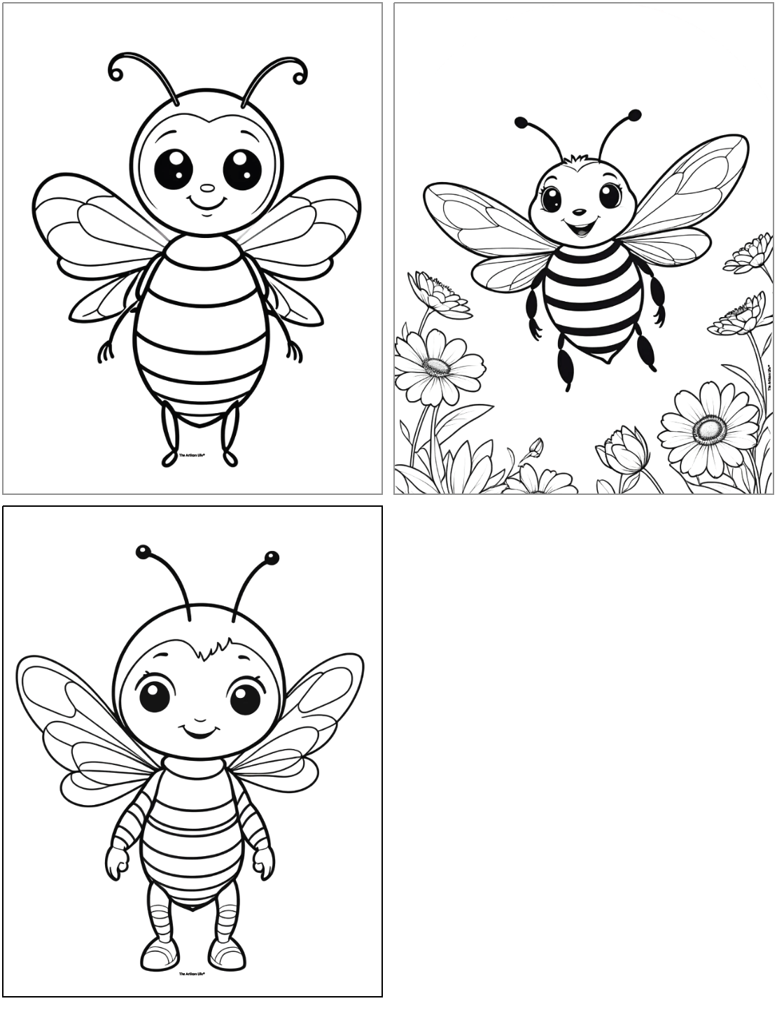 This image features three bee outline coloring pages designed for kids, showcasing a cartoon bee character in two sheets and a bumblebee among flowers in the third, suitable for spring and summer coloring activities.
