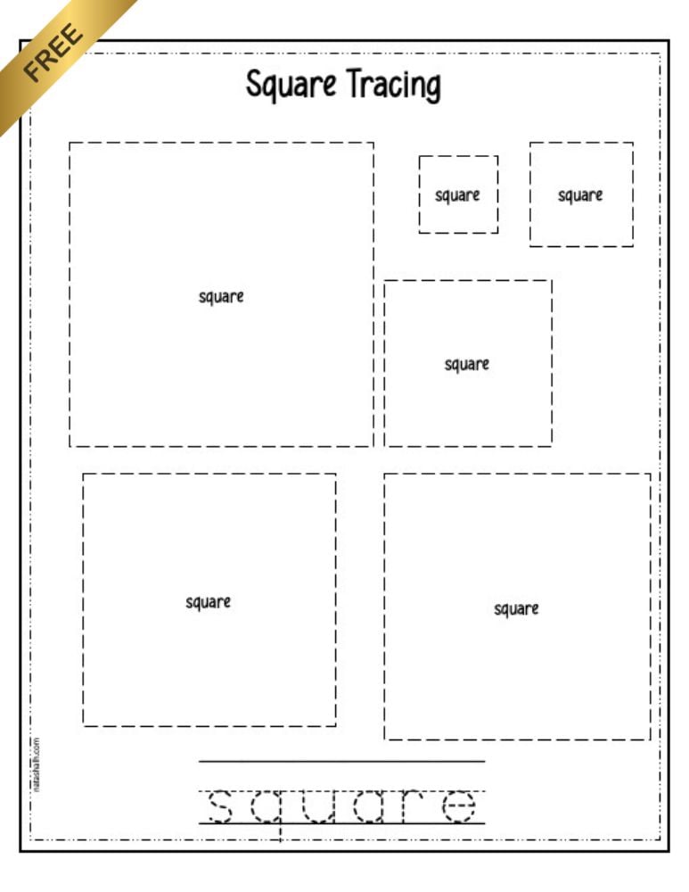 A square tracing worksheet designed for preschoolers featuring various outlined squares and the word "square" for tracing practice.
