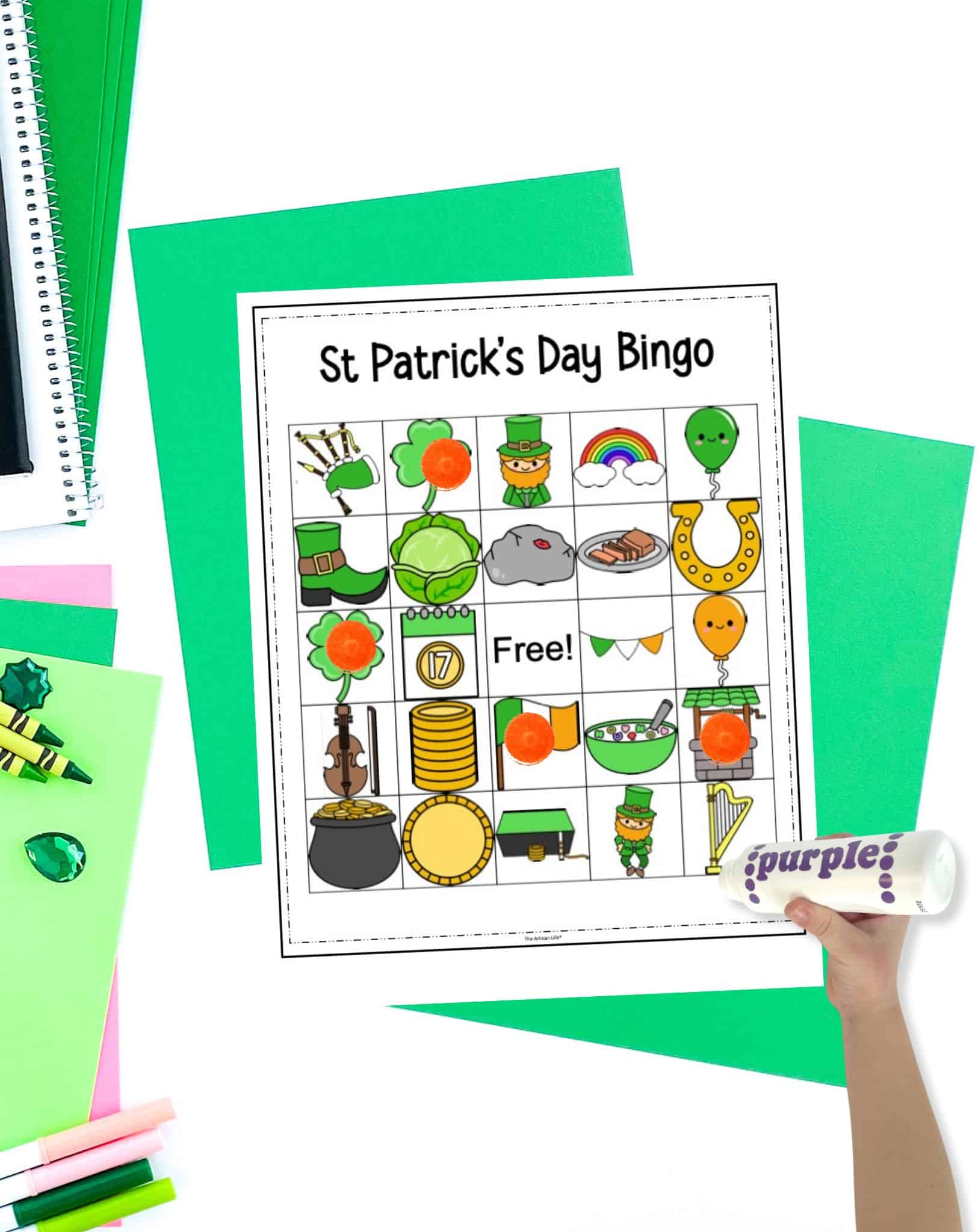 The image displays several colorful St Patrick’s Day bingo cards with various themed images, designed as free printables for kids' activities during March break and St Patrick's Day parties.
