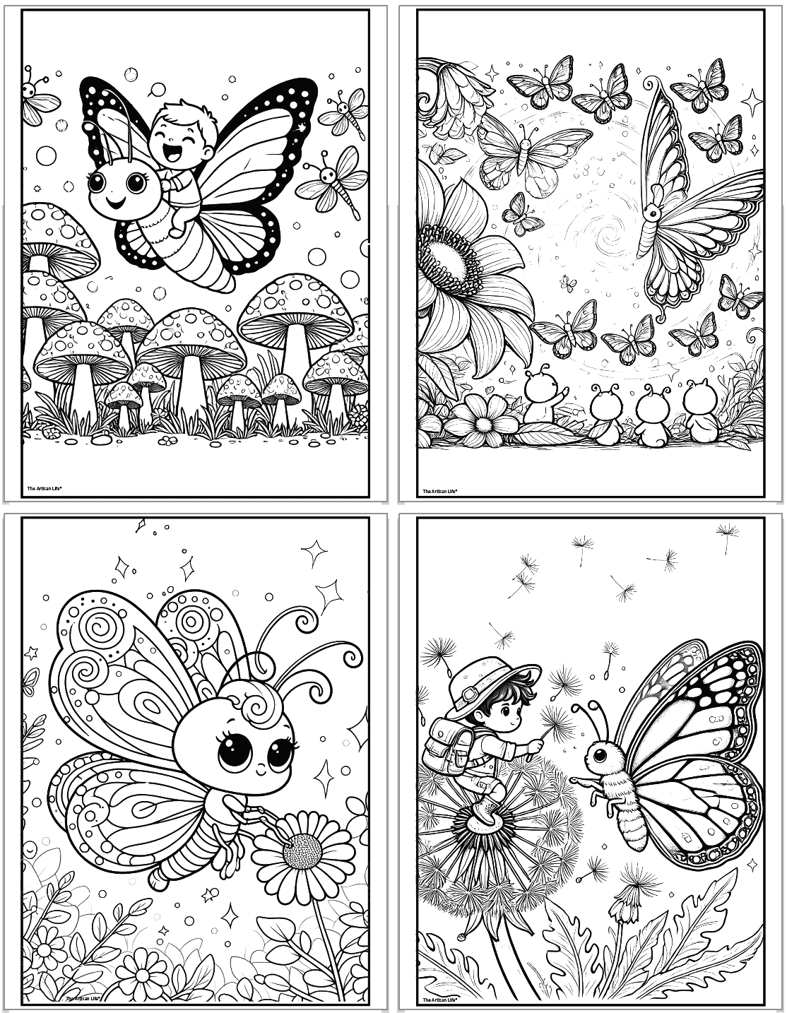 A collection of four black-and-white butterfly coloring pages featuring whimsical designs, including a child riding a butterfly, butterflies amidst flowers and mushrooms, a cute butterfly with floral elements, and a child interacting with a butterfly on a dandelion, suitable for quiet time or artistic expression.
