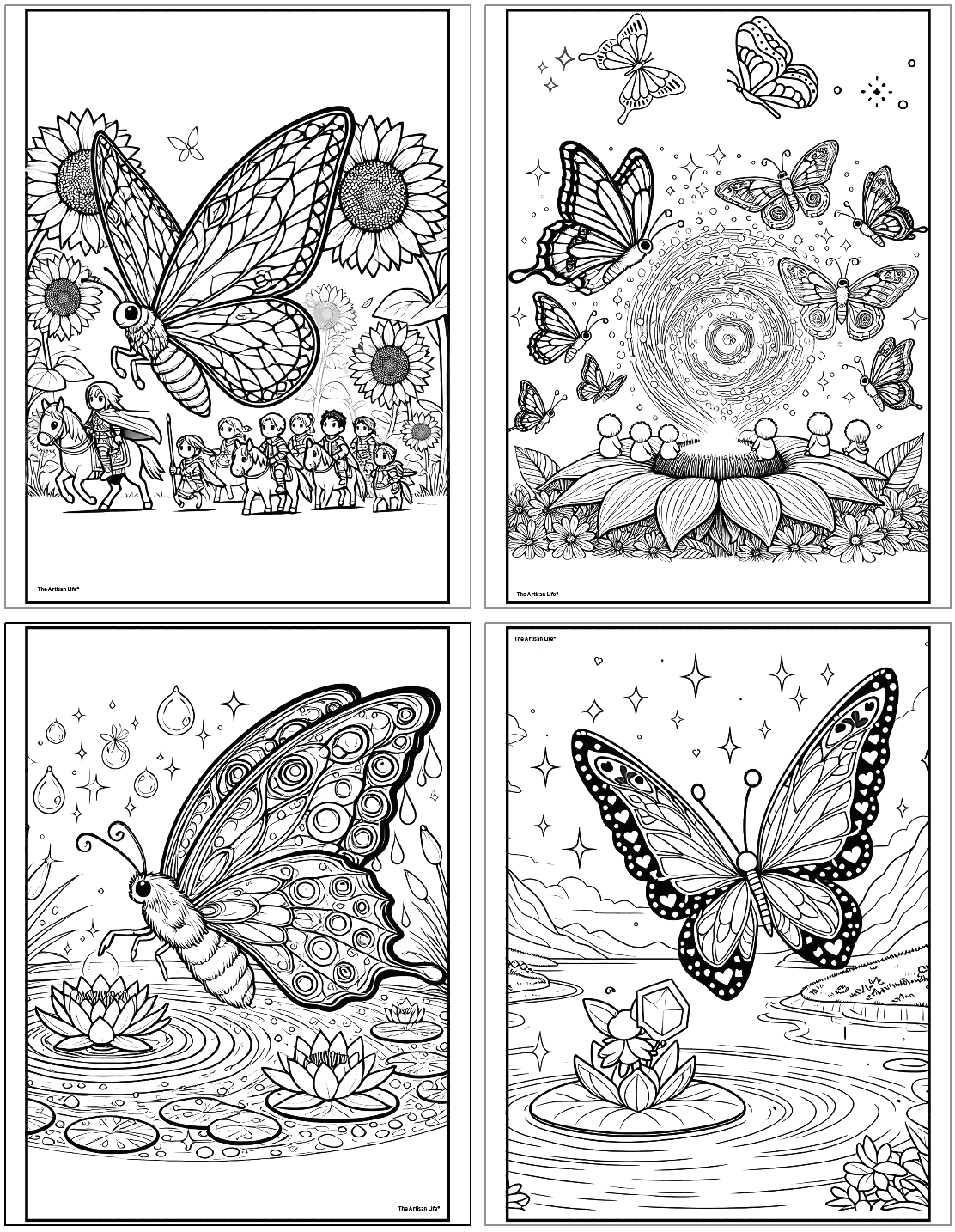 The image displays a collection of four butterfly coloring pages, featuring intricate designs of butterflies among flowers, whimsical scenes, and fantasy elements, suitable for quiet time and creative activities.
