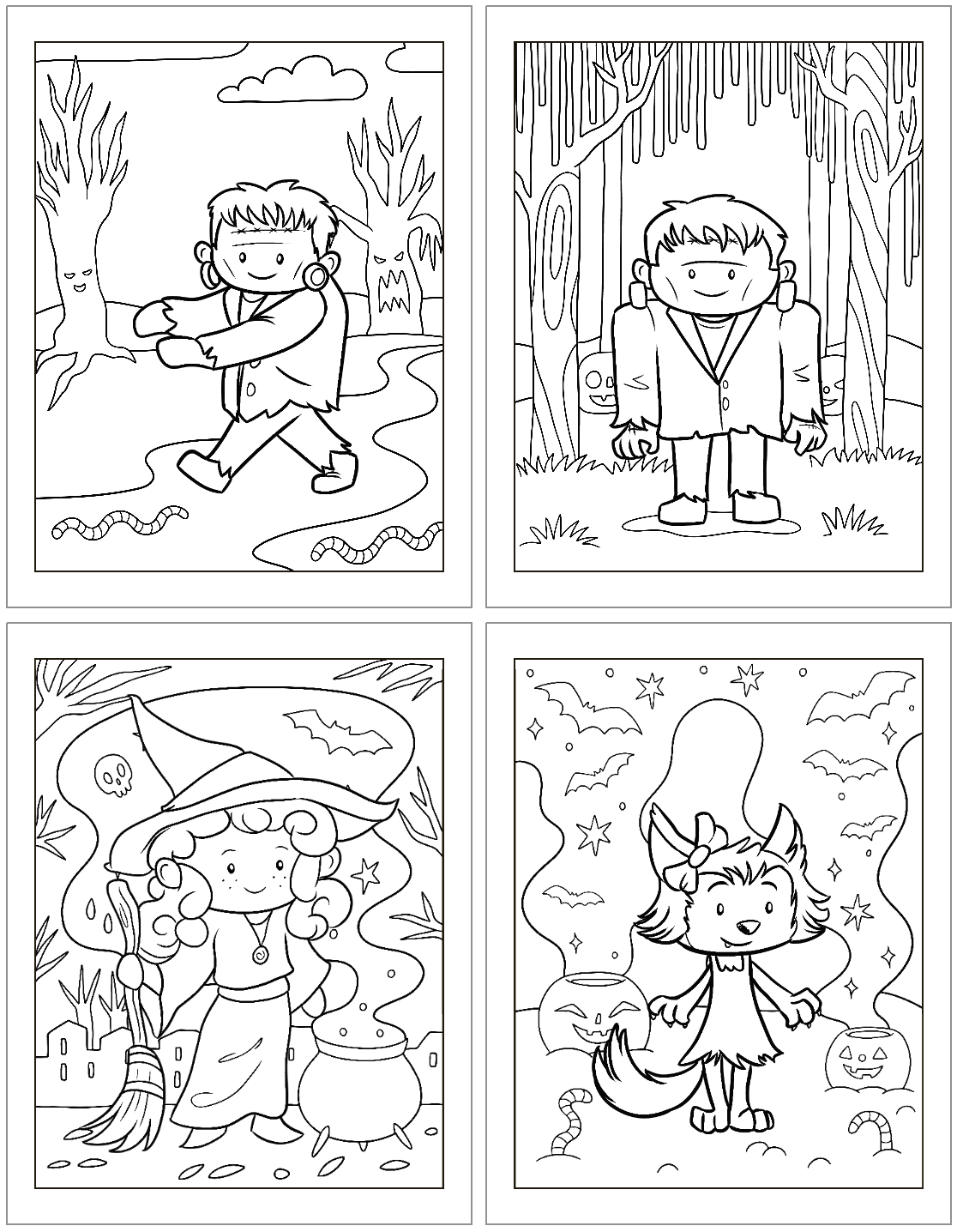 A collection of four black-and-white Halloween-themed coloring pages featuring a child dressed as a monster, another as a spooky figure, a cute witch with a broom and cauldron, and a whimsical character with animal features, suitable for kids and designed as free printable Halloween coloring pages.
