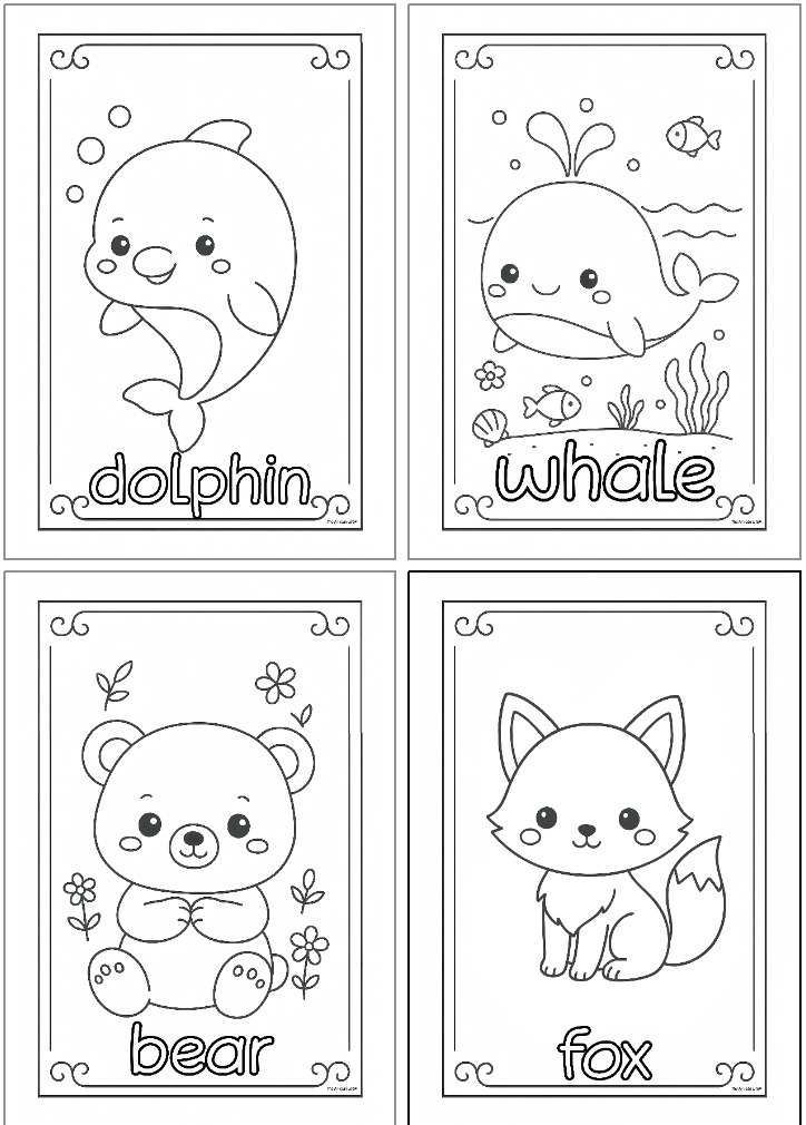 A collection of four black and white animal coloring pages featuring a dolphin, whale, bear, and fox, designed for kids and suitable for free printable educational themes and activities.
