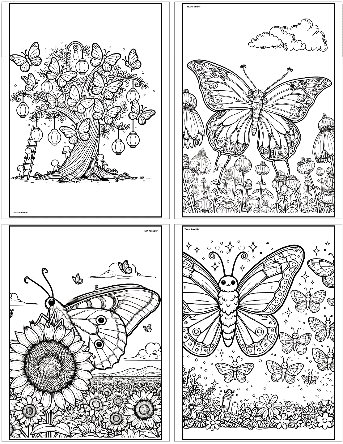 Four black and white butterfly coloring pages feature intricate designs including a tree with butterflies, a large butterfly among flowers, a butterfly on a sunflower in a field, and whimsical butterflies surrounded by stars and flowers, suitable for fantasy coloring.
