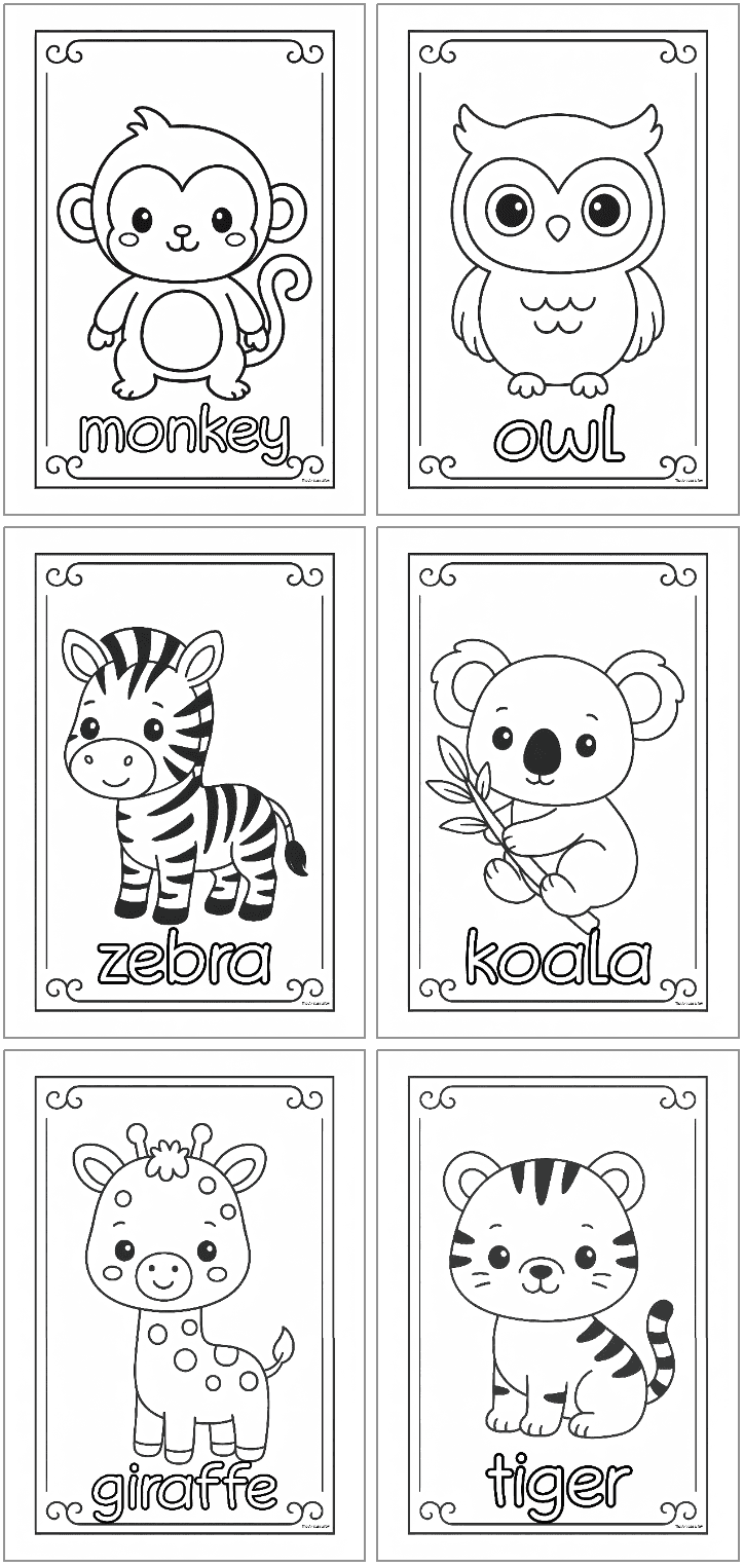 A collection of six black-and-white animal coloring pages for kids features a monkey, owl, zebra, koala, giraffe, and tiger, designed for easy coloring and educational purposes.
