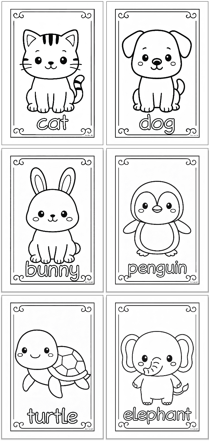 A collection of four black and white animal coloring pages featuring a dolphin, whale, bear, and fox, designed for kids and suitable for free printable educational themes and activities.
