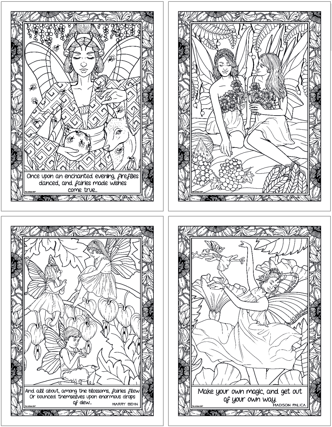 four detailed coloring pages with quotations about fairies and fairies with butterfly wings