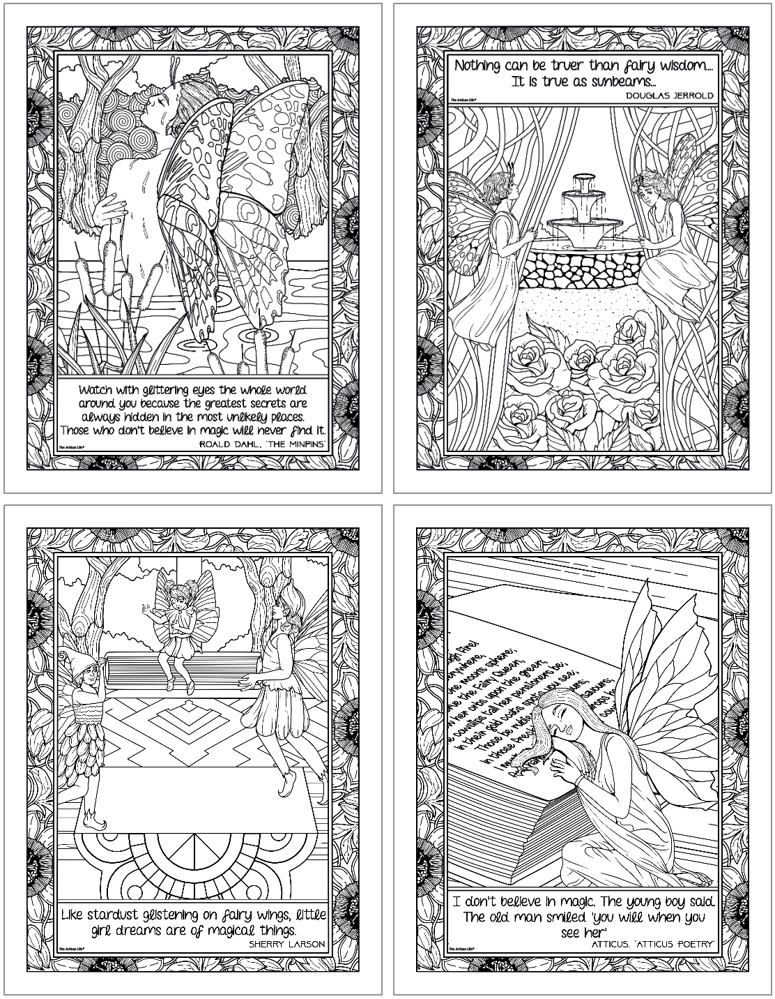 four detailed coloring pages with quotations about fairies and fairies with butterfly wings