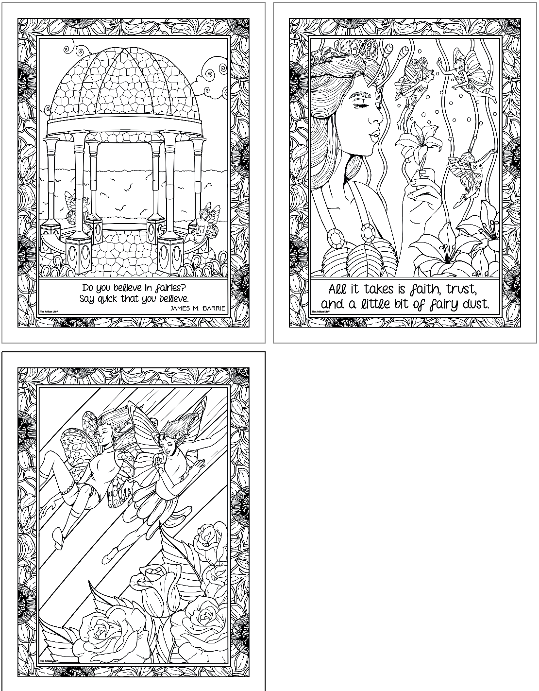 three detailed coloring pages with quotations about fairies and fairies with butterfly wings