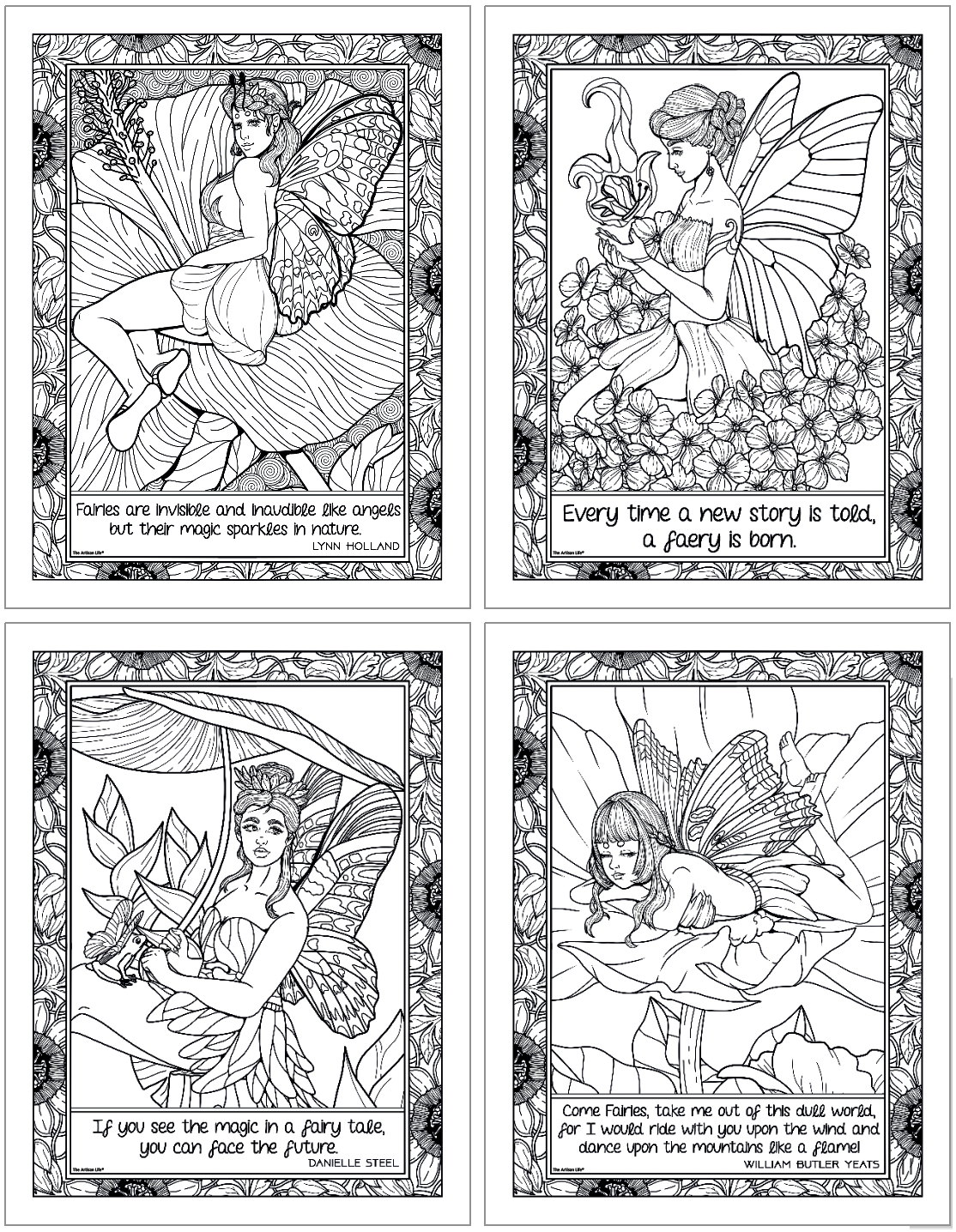 four detailed coloring pages with quotations about fairies and fairies with butterfly wings