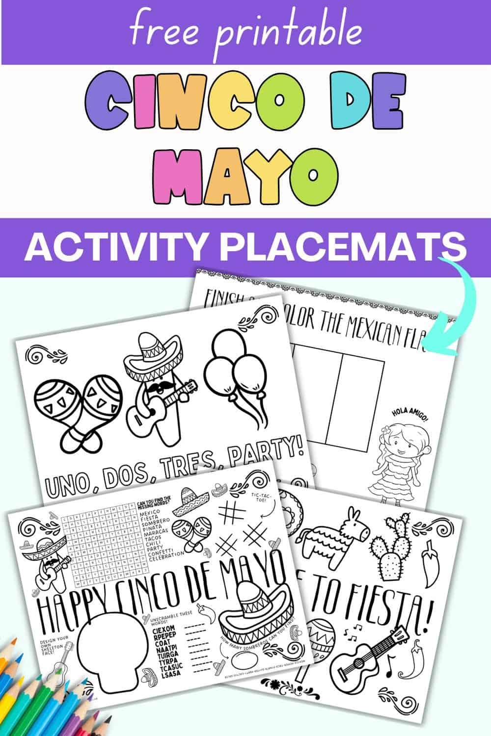 A collection of printable Cinco de Mayo activity placemats featuring coloring sheets, games, and bilingual activities such as Spanish numbers and colors, designed for kids' fiestas and homeschooling classrooms.
