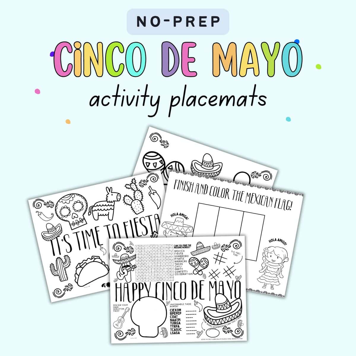 A collection of Cinco de Mayo activity placemats featuring coloring sheets and games for kids to celebrate the holiday in a homeschooling classroom setting.