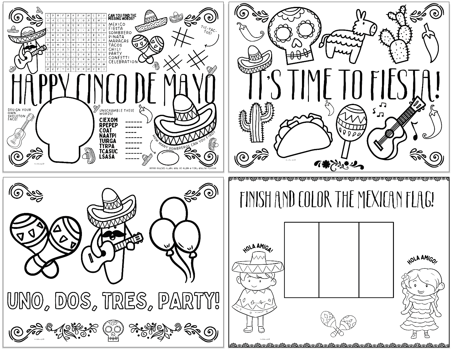Illustration of Cinco de Mayo-themed activity placemats for kids featuring coloring sheets, word games, and crafts related to the holiday, suitable for homeschooling and bilingual activities.
