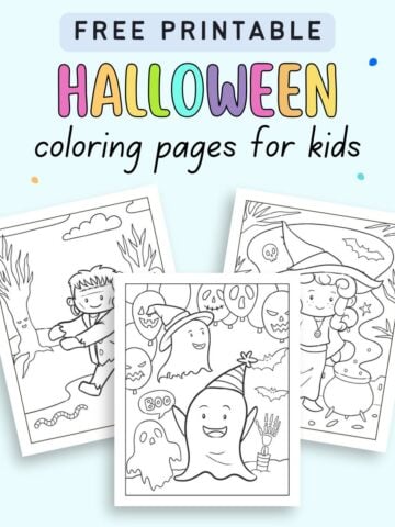 Three black-and-white Halloween-themed coloring pages for kids featuring a child, a ghost, and a witch, presented with the text "Free Printable Halloween Coloring Pages for Kids."