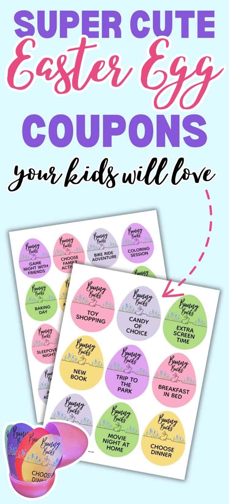 The image features a colorful layout of Easter egg-themed coupons labeled "Bunny Bucks," which offer activities and treats for kids, alongside a pink egg container, highlighting ideas for Easter egg fillers and printable Easter coupons.
