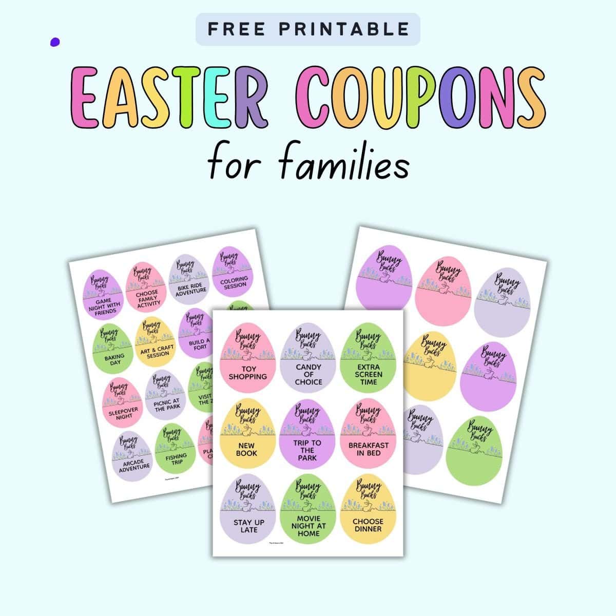 A collection of free printable Easter coupons for families featuring various fun activities and rewards such as extra screen time, toy shopping, and sleepover nights, displayed on colorful egg-shaped designs.
