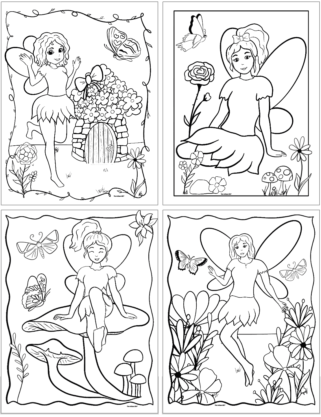 A collection of four black-and-white fairy-themed coloring pages featuring enchanted fairies, mushrooms, butterflies, and whimsical houses, suitable for kids and fairy activities in preschool settings.
