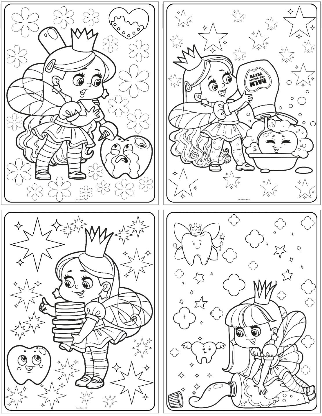 A collection of tooth fairy coloring pages featuring various designs of a cute tooth fairy interacting with teeth and whimsical elements like stars and flowers, suitable for preschool coloring activities and free printable tooth fairy ideas.
