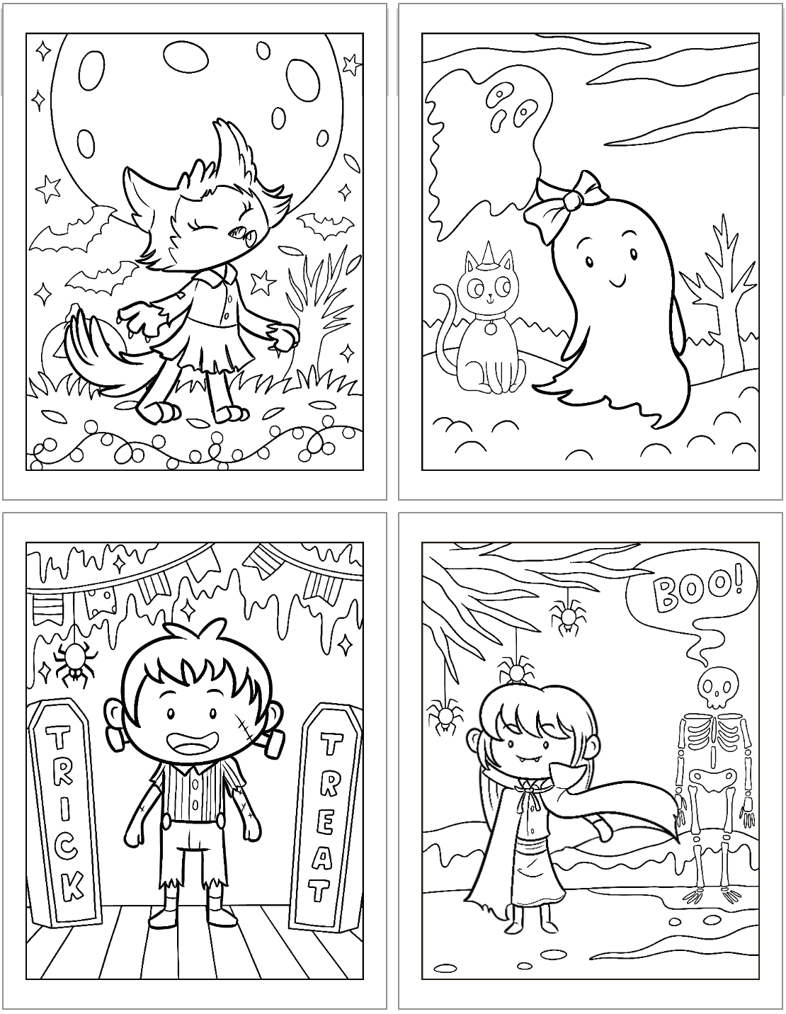 Four Halloween-themed coloring pages featuring a cute fox, a friendly ghost, a child going trick-or-treating, and another child dressed as a witch, all set against festive backdrops.
