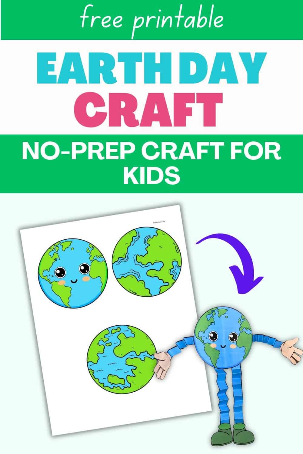 A printable Earth Day craft featuring a character holding various Earth templates, designed for easy Earth Day activities for kids, including preschool and elementary school projects.
