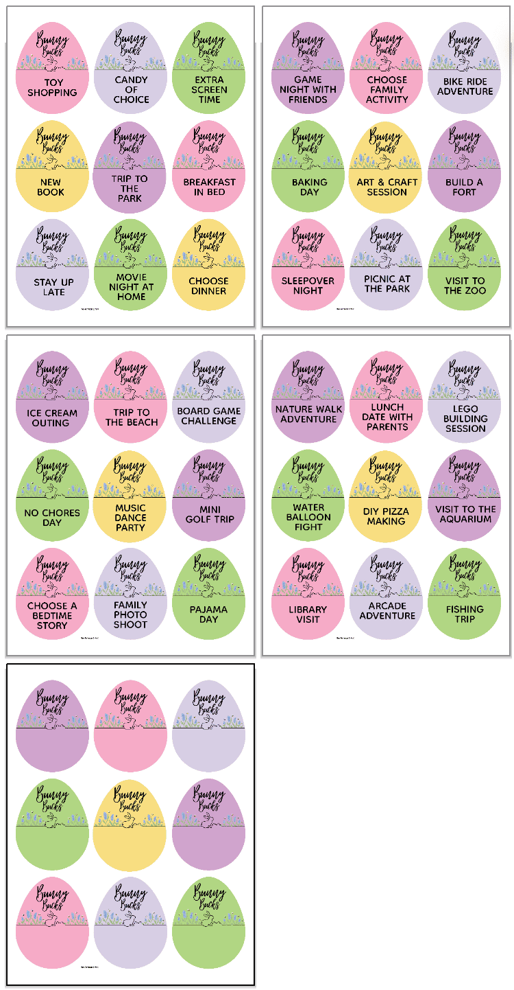 A collection of give pages of free printable Easter coupons for families featuring various fun activities and rewards such as extra screen time, toy shopping, and sleepover nights, displayed on colorful egg-shaped designs.
