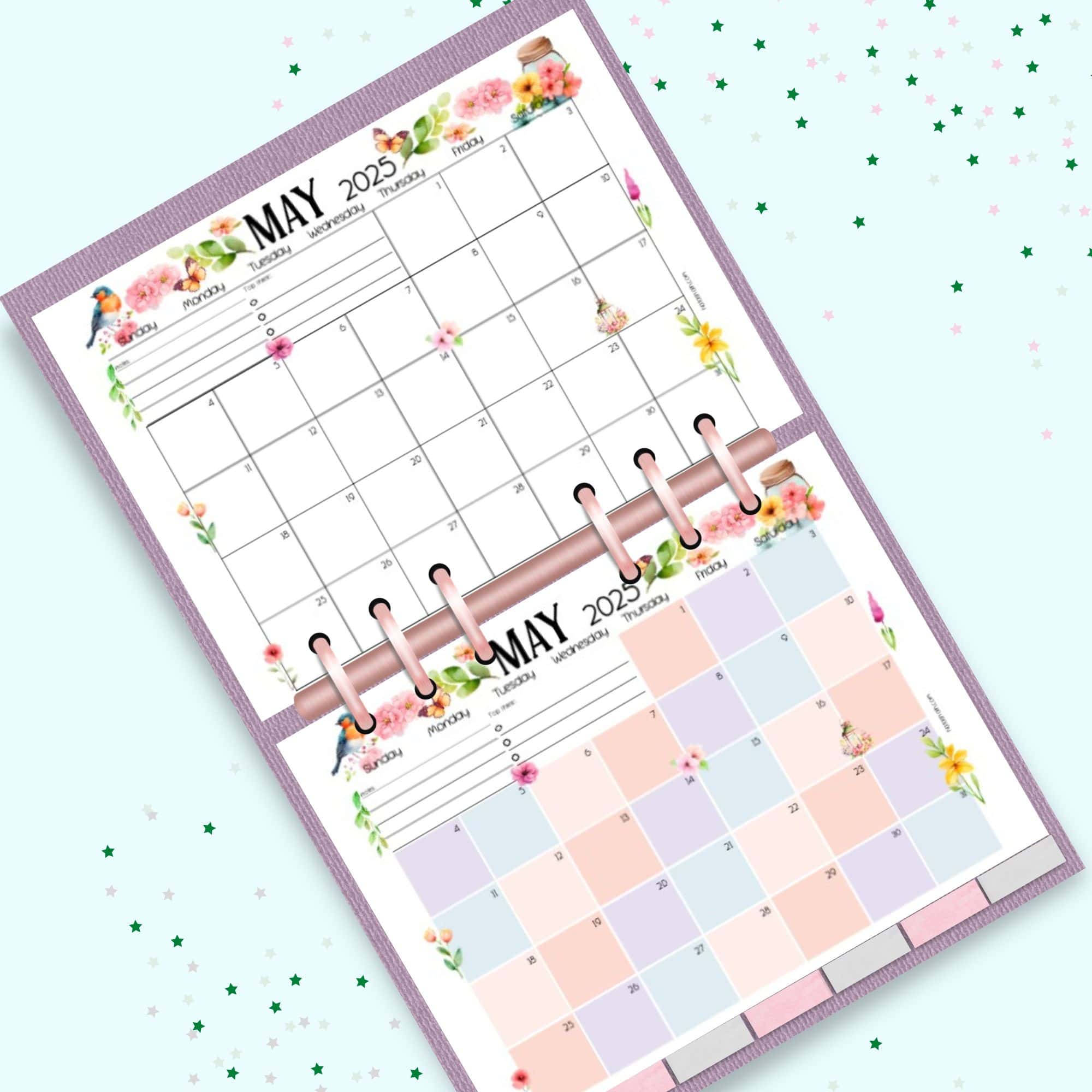 two pages of dated may 2025 calendar sheets in a planner with rings