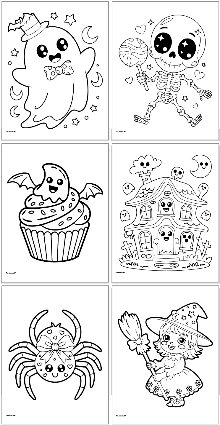 A collection of six Halloween-themed coloring pages featuring a cute ghost, a playful skeleton, a whimsical cupcake, a spooky house, a cheerful spider, and a young witch.

