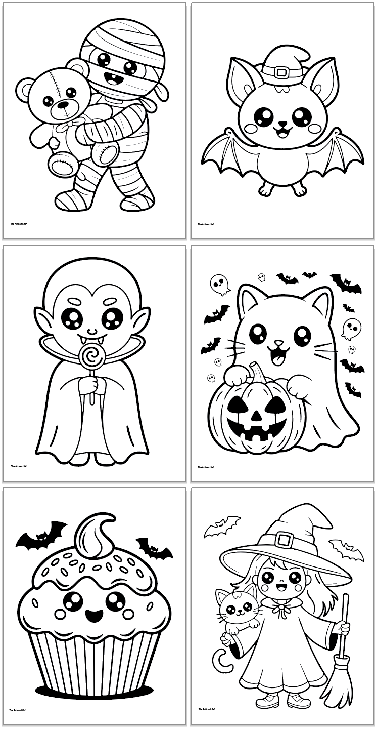 A collection of six printable Halloween-themed coloring pages featuring cute characters like a mummy with a teddy bear, a bat, a vampire with a lollipop, a cat with a pumpkin, a cupcake with bats, and a witch holding a cat.
