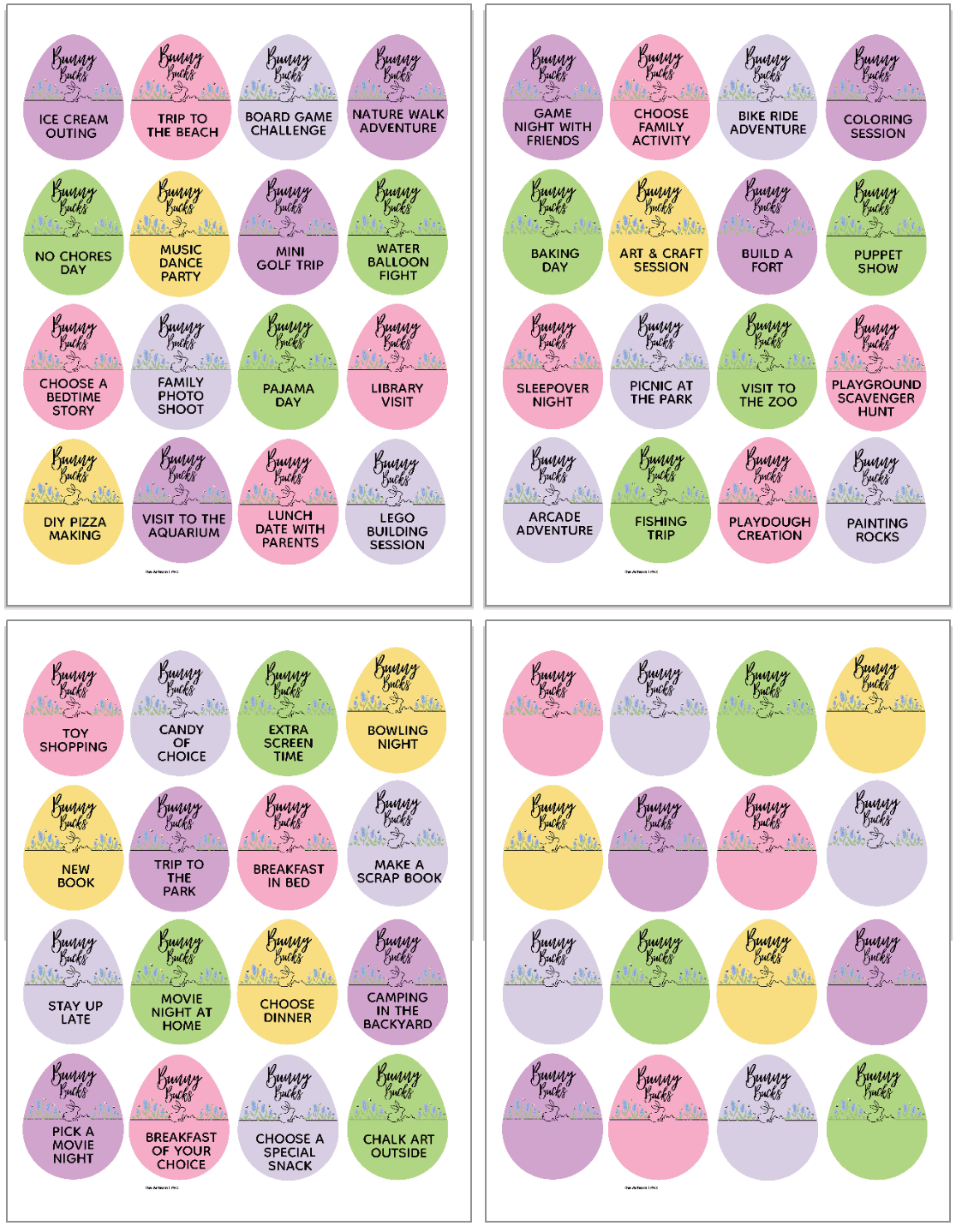 A collection of four pages free printable Easter coupons for families featuring various fun activities and rewards such as extra screen time, toy shopping, and sleepover nights, displayed on colorful egg-shaped designs.
