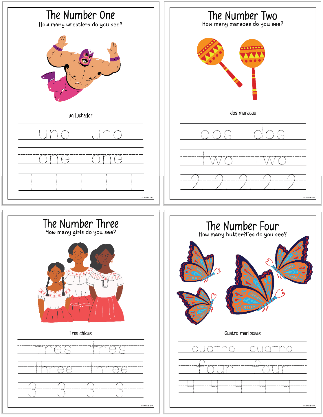 The image features a set of beginner Spanish worksheets for numbers 1 to 4, each page illustrating a visual and including corresponding Spanish words, tracing lines for practice, and prompts for counting related objects.
