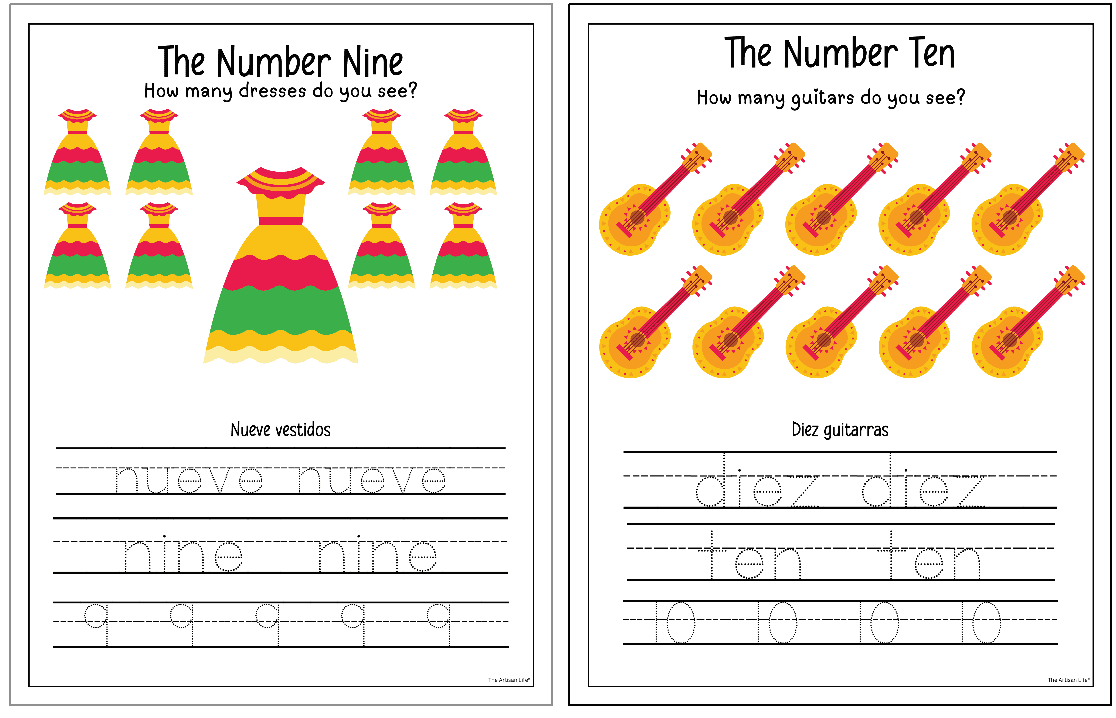 A worksheet for preschoolers featuring the Spanish numbers nine ("nueve") and ten ("diez"), with illustrations of nine dresses and ten guitars, including tracing lines for number practice and corresponding Spanish and English words.
