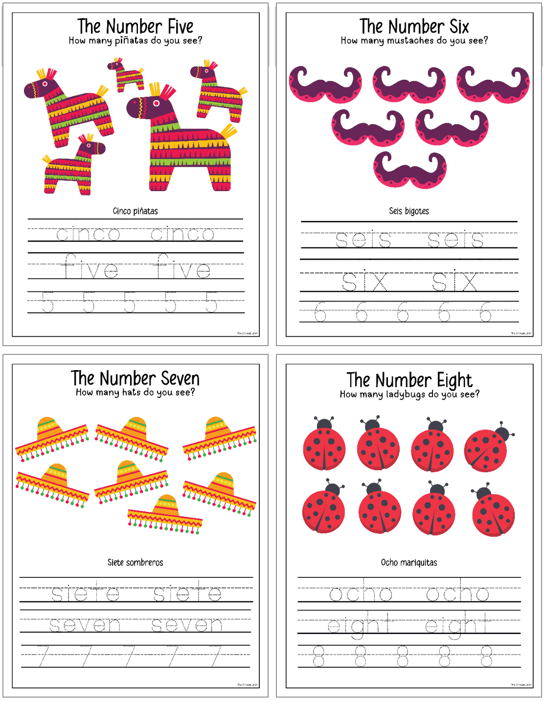Four educational worksheets featuring tracing and counting activities for Spanish numbers 5 to 8, designed for beginner Spanish learners, preschoolers, and kindergarten students.
