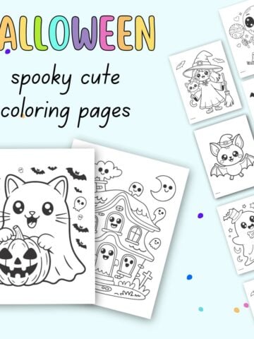 A collection of spooky cute Halloween coloring pages featuring a kitten with a pumpkin, a ghostly house, and other whimsical designs, intended as free printable coloring pages for kids.