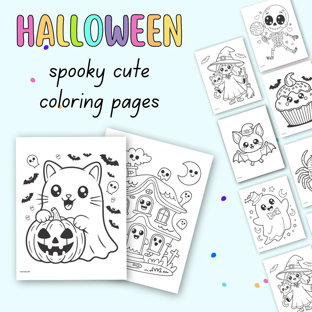 A collection of spooky cute Halloween coloring pages featuring a kitten with a pumpkin, a ghostly house, and other whimsical designs, intended as free printable coloring pages for kids.