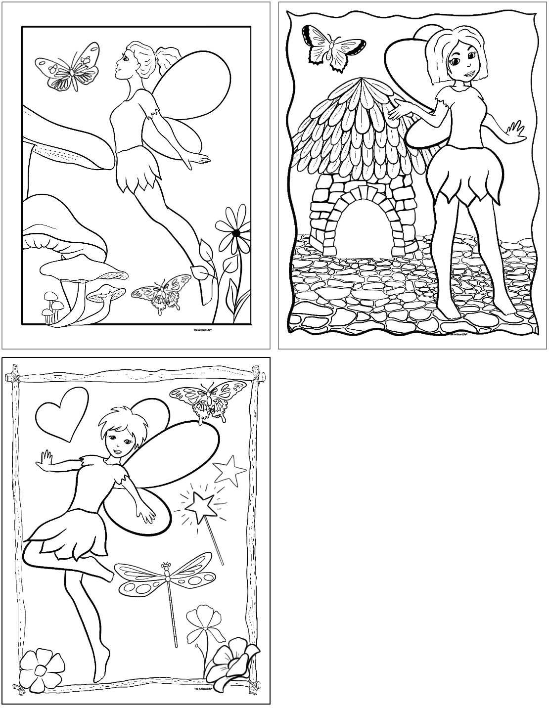 Three black-and-white coloring pages featuring fairies in various designs, including a fairy with butterflies and flowers, a fairy near a stone house, and a fairy surrounded by stars and dragonflies, ideal for fairy activities for kids and free fairy coloring pages.

