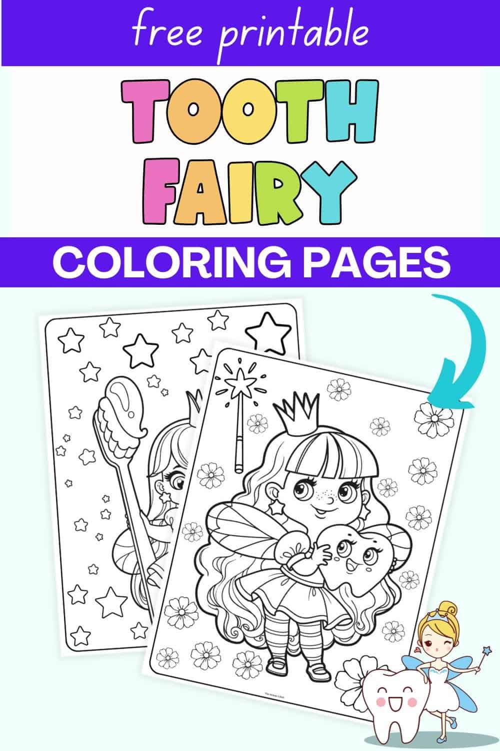 A printable tooth fairy coloring page featuring a cute tooth fairy holding a heart-shaped tooth and surrounded by stars and flowers, ideal for preschool activities and related tooth fairy crafts.

