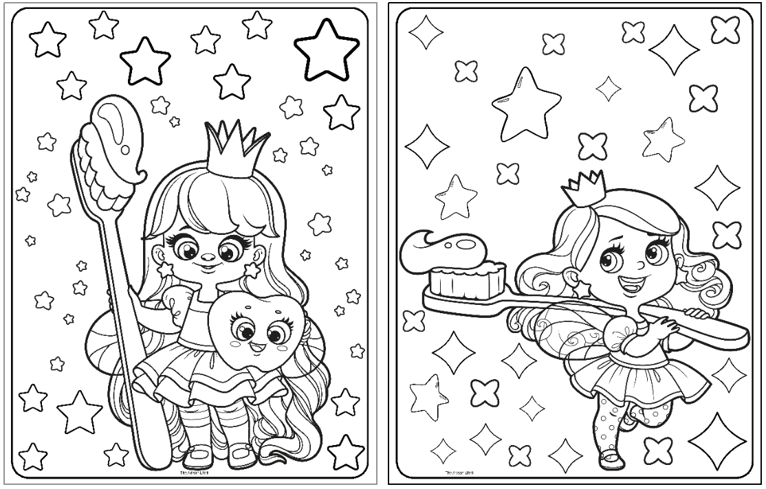A black and white coloring page featuring a cute tooth fairy character holding a toothbrush and a smiling tooth, surrounded by stars, designed as a tooth fairy coloring page for preschool activities and free coloring pages for kids.
