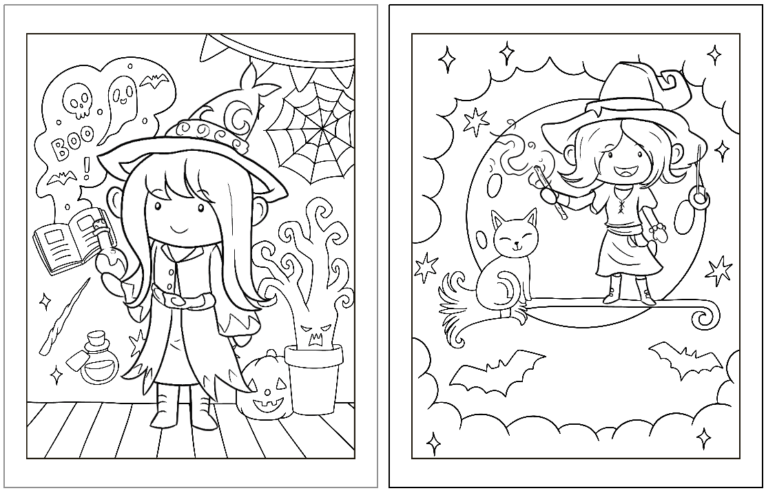 Two cute Halloween-themed coloring pages feature a young witch with magical items, accompanied by spooky elements like ghosts and a black cat, perfect for kids to color.
