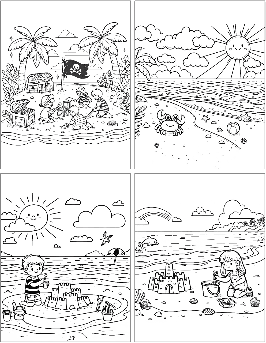 A collage of four black-and-white beach-themed coloring pages for kids featuring children playing with a treasure chest, a crab, building sandcastles, and enjoying the seaside, perfect for bold and easy summer coloring activities.
