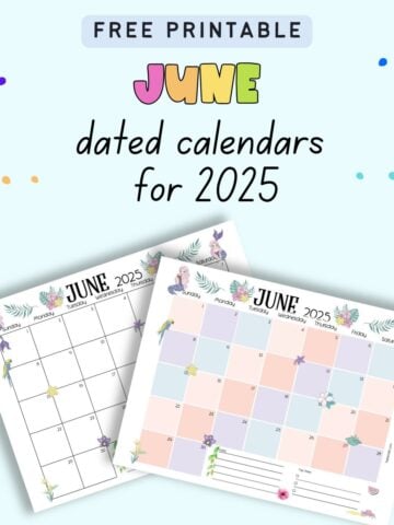 text "free printable June dated calendars for 2025" with a preview of two calendar pages