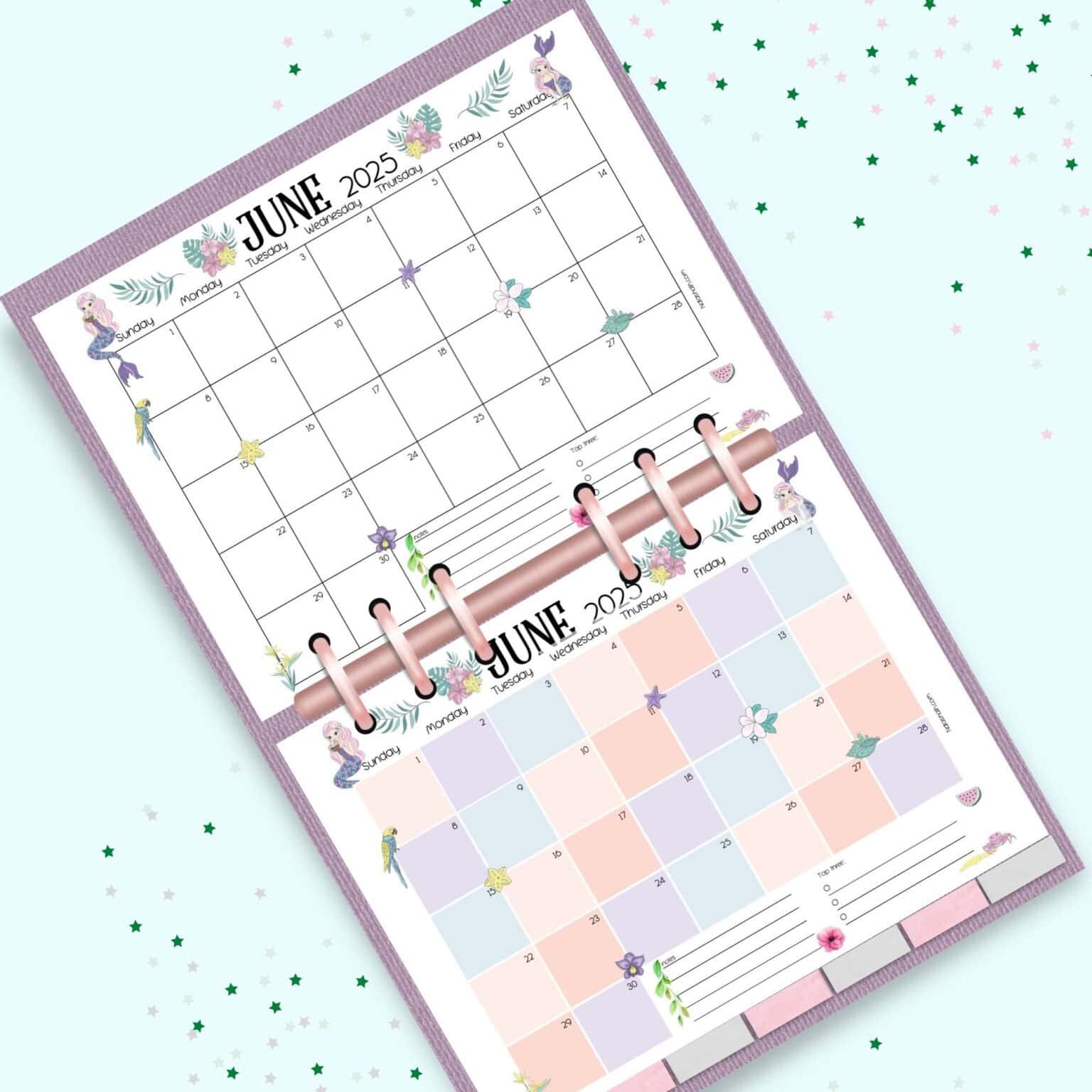 an open planner with two June 2025 calendar pages