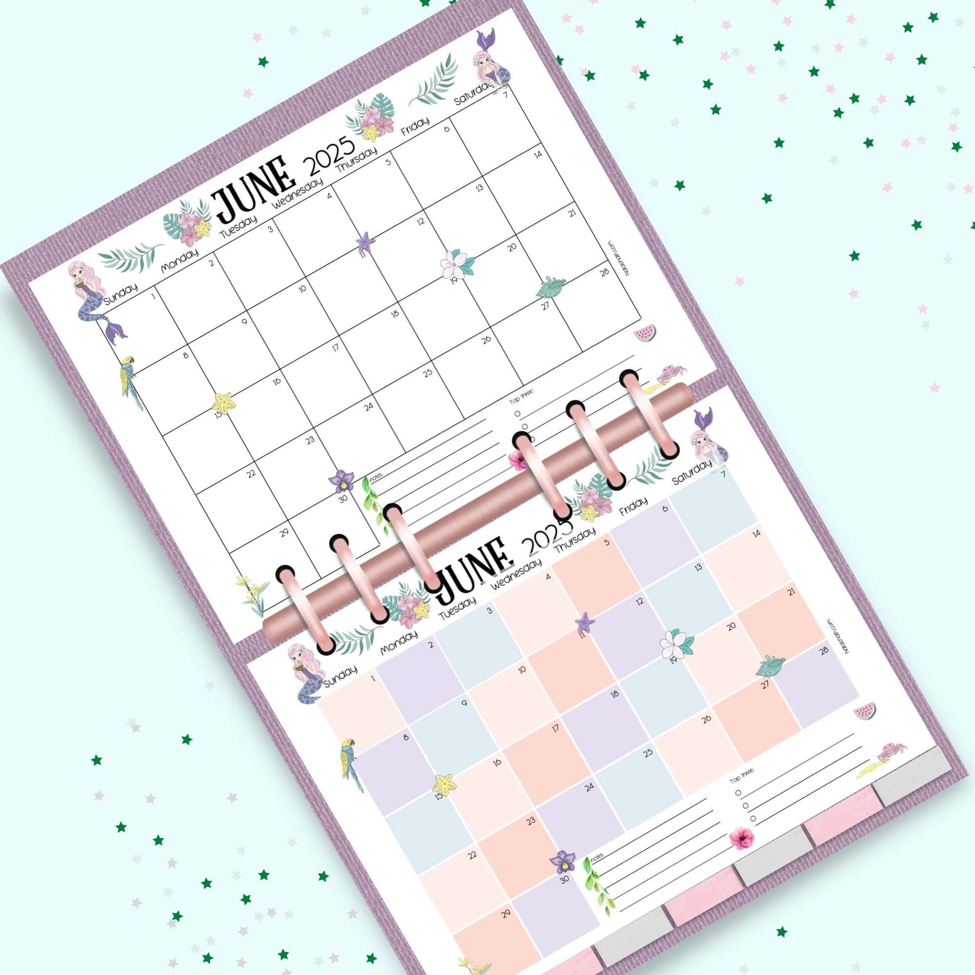 an open planner with two June 2025 calendar pages