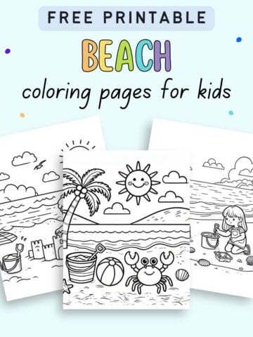 A collection of three black-and-white beach-themed coloring pages for kids, featuring a sun, palm tree, crab, and a girl playing by the water, presented as free printable summer coloring pages for kids.