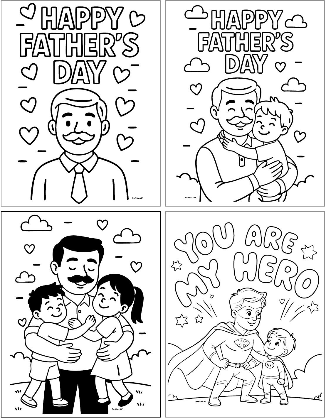 The image features four black and white Father’s Day coloring pages, including messages such as "Happy Father's Day" and "You Are My Hero," designed for kids' activities and crafts as DIY gifts for dads.
