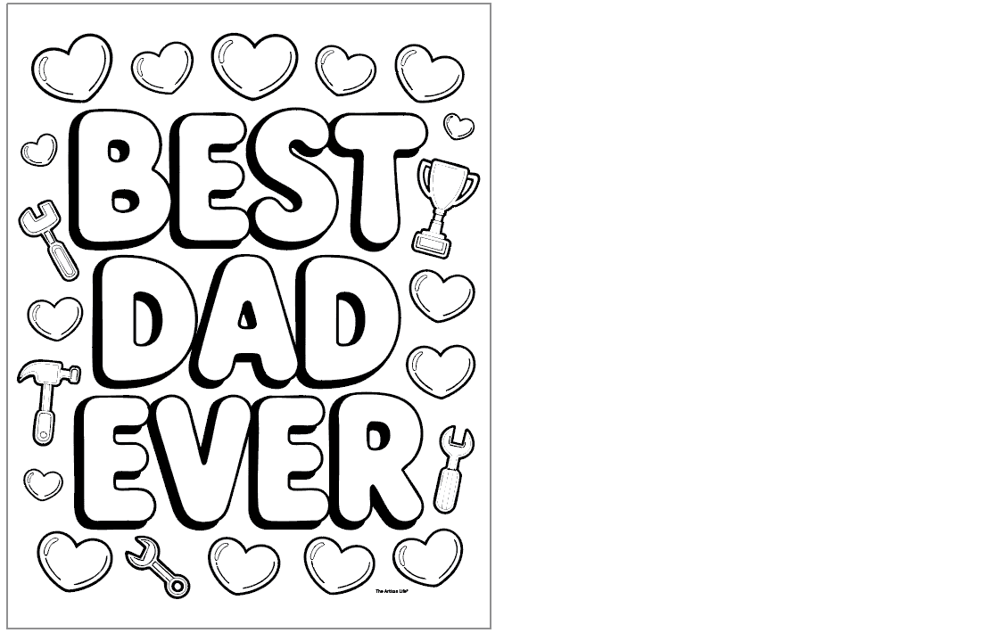 A black and white Father’s Day coloring page features the text "BEST DAD EVER" surrounded by hearts and various tools, suitable for kids' Father’s Day crafts and activities.
