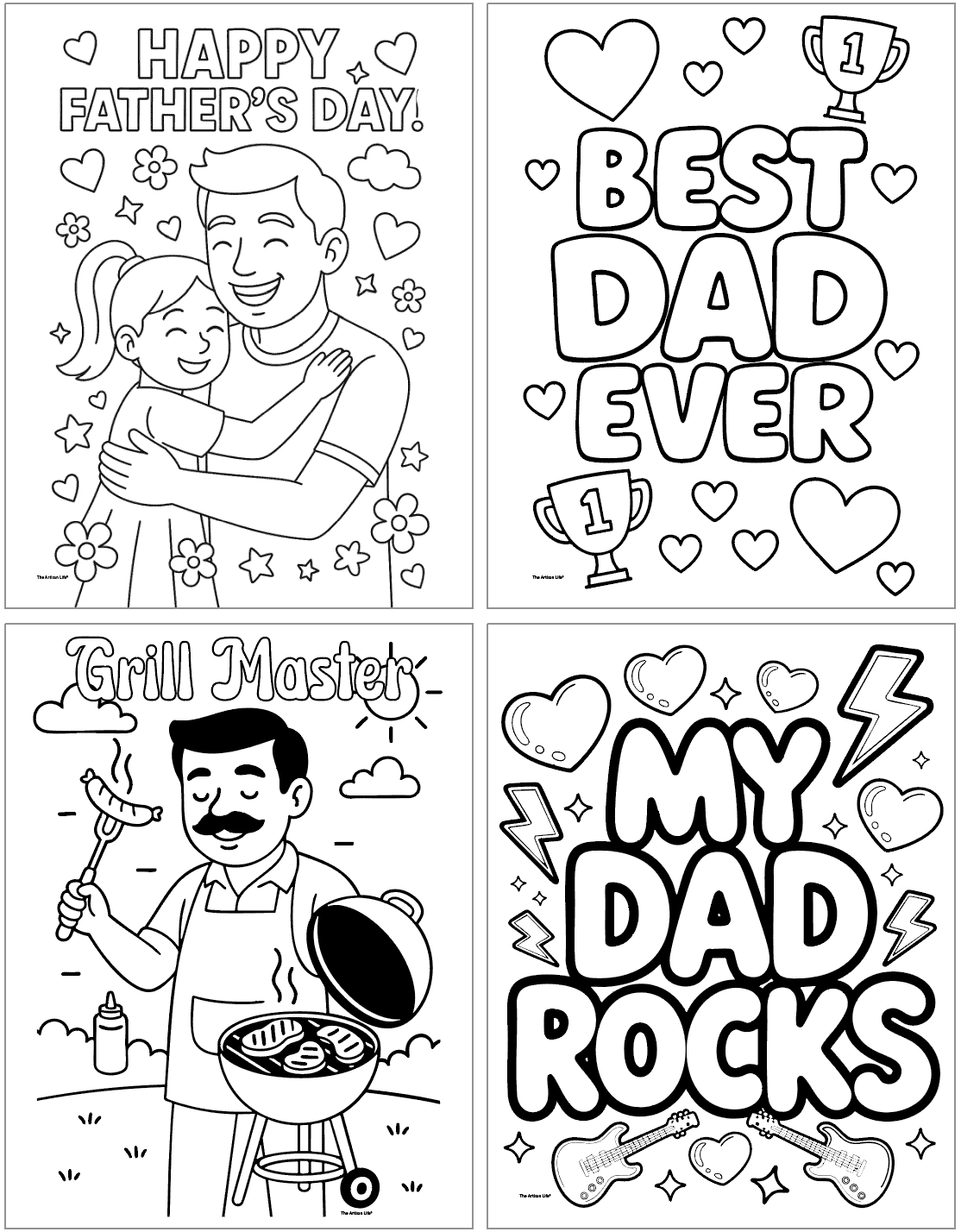 A collection of four black-and-white Father’s Day coloring pages featuring messages like "Happy Father's Day!", "Best Dad Ever", "Grill Master", and "My Dad Rocks", suitable for kids’ Father’s Day activities and crafts.
