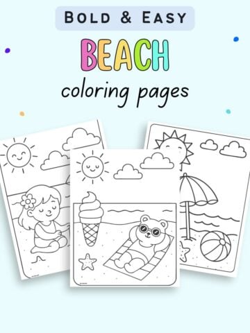 A collection of three bold and easy beach-themed coloring pages for kids, featuring a girl playing in the sand, an ice cream cone, and a bear relaxing on a beach mat, all designed for summer coloring activities.