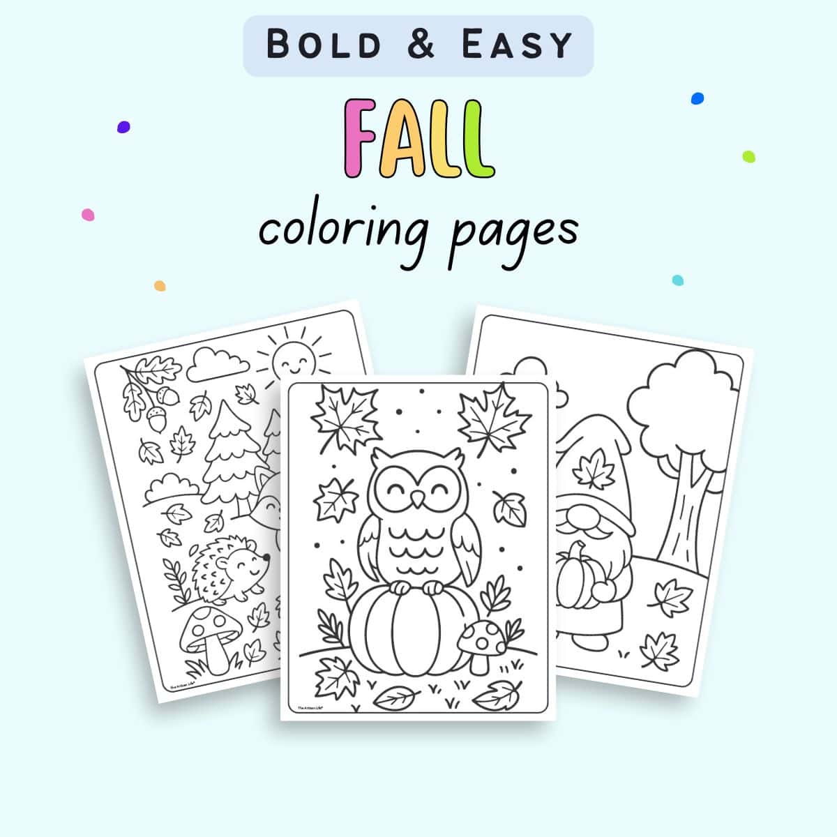 Three fall-themed coloring pages featuring an owl on a pumpkin, a hedgehog with mushrooms, and a gnome in an autumn setting, labeled as "Bold & Easy Fall Coloring Pages".