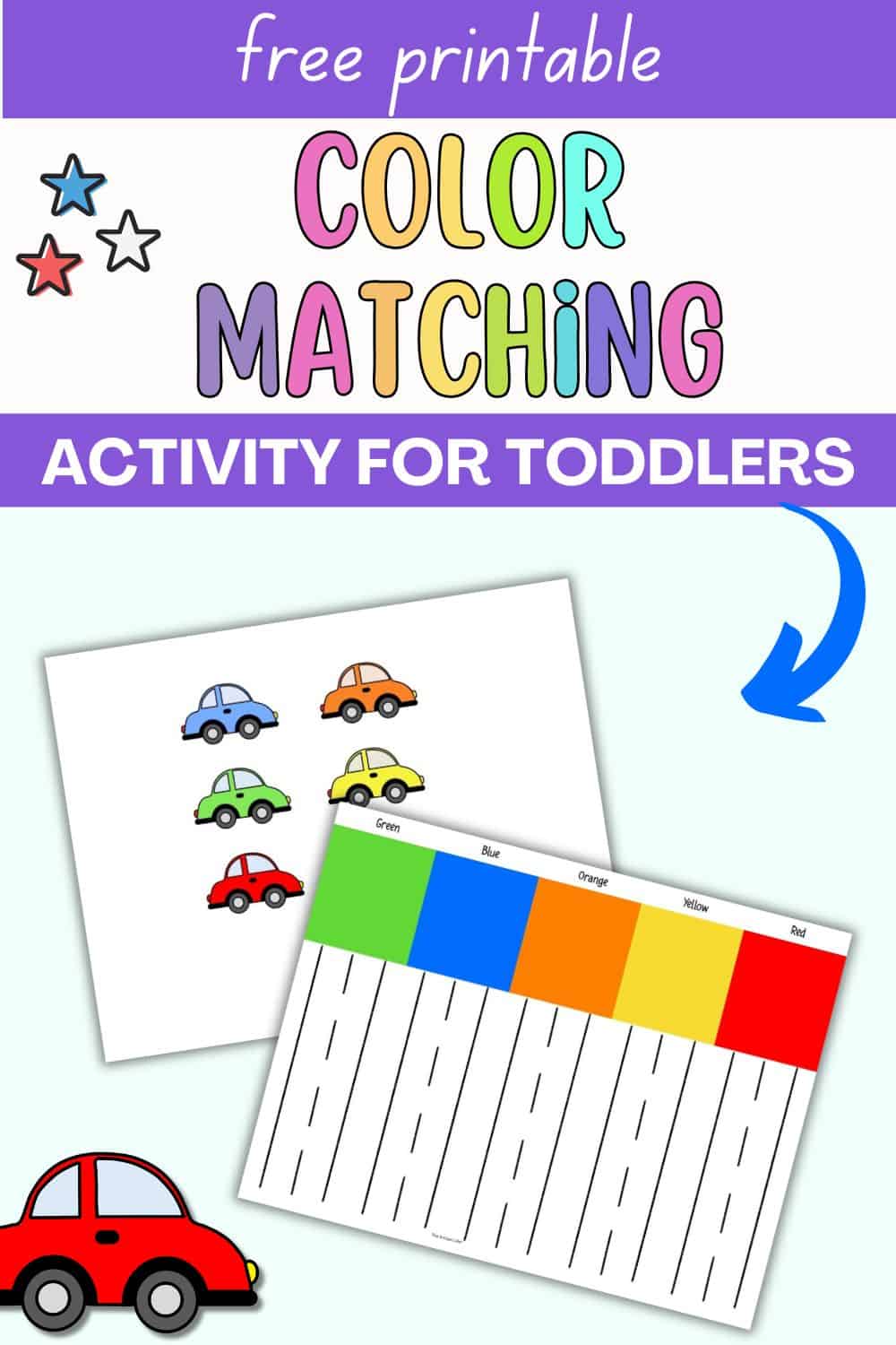 A printable color matching activity for toddlers featuring images of cars and color categories designed for preschool learning.
